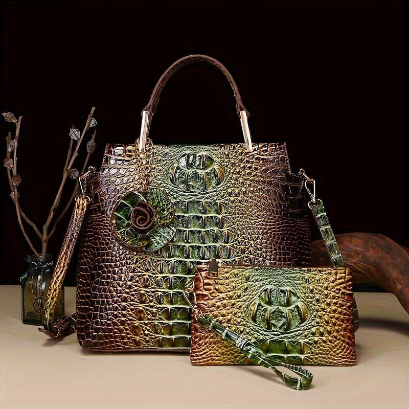 2Pcs Crocodile Print Handbag Set Fashionable Vintage Style, Multi-Functional Top Handle Crossbody, Business Clutch & Coin Purse - Spacious, Secure, Id