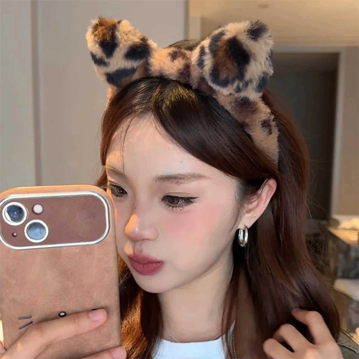 Plush Cat Ears Headband Vintage Leopard Print Hair Hoops Cute Festival Accessories Fashion By Clips Ribbon for Hair Hoop V251022