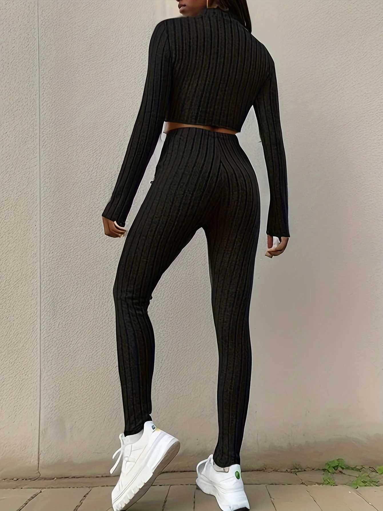 Casual Ribbed Twopiece Set Lettuce Trim Mock Neck Long Sleeve Top Elastic Waist Pants Outfits Womens ClothingT251022