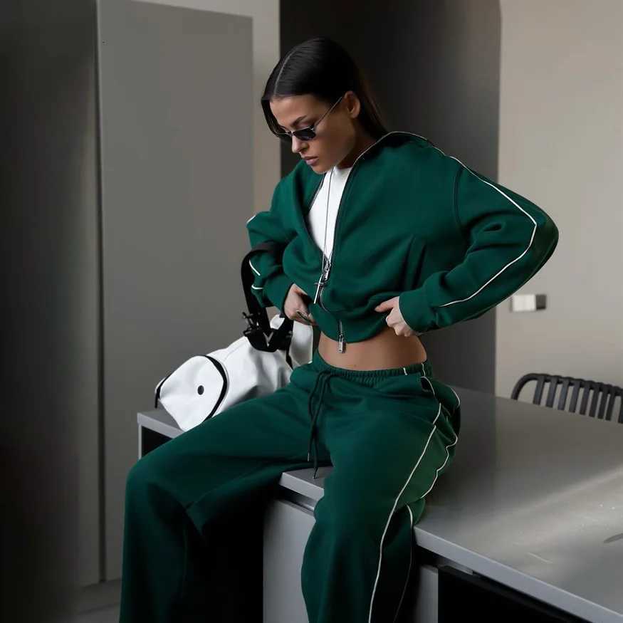 Pants Suit Women 2 Piece Sets Sweatshirt Coat Striped Trousers Sporty Outfits Lace Up Tracksuit Jackets Ensemble Autumn 2025T251022