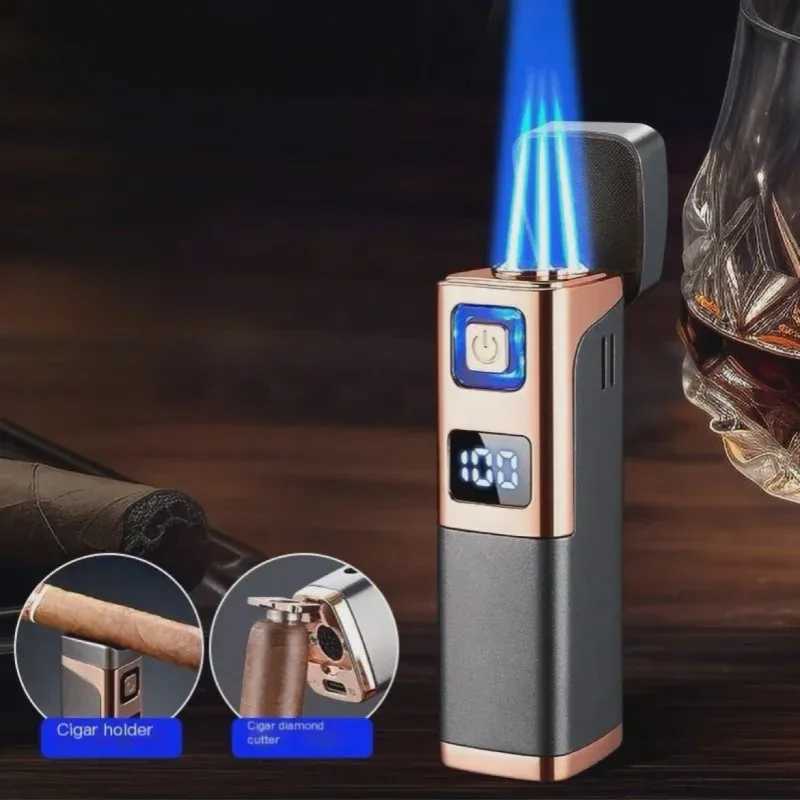 Windproof JetFlame Lighters TripleFlame Torch Lighter with Cigars Cutter Metal Butane Inflatable Lighter for Men C251022