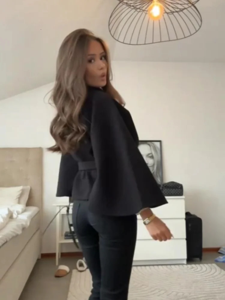 Elegant Stand Womens Coat Solid Long Sleeve Button Belted LaceUp Cardigan Jacket 2025 Autumn Winter Outerwear Female Tops 251016