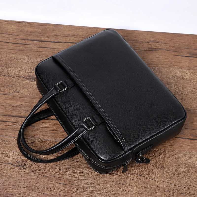 Double Zipper Men Bags Genuine Leather Men Briefcase Bag Business Leather Laptop Bag Shoulder Fashion Office Male Handbag Large W251022
