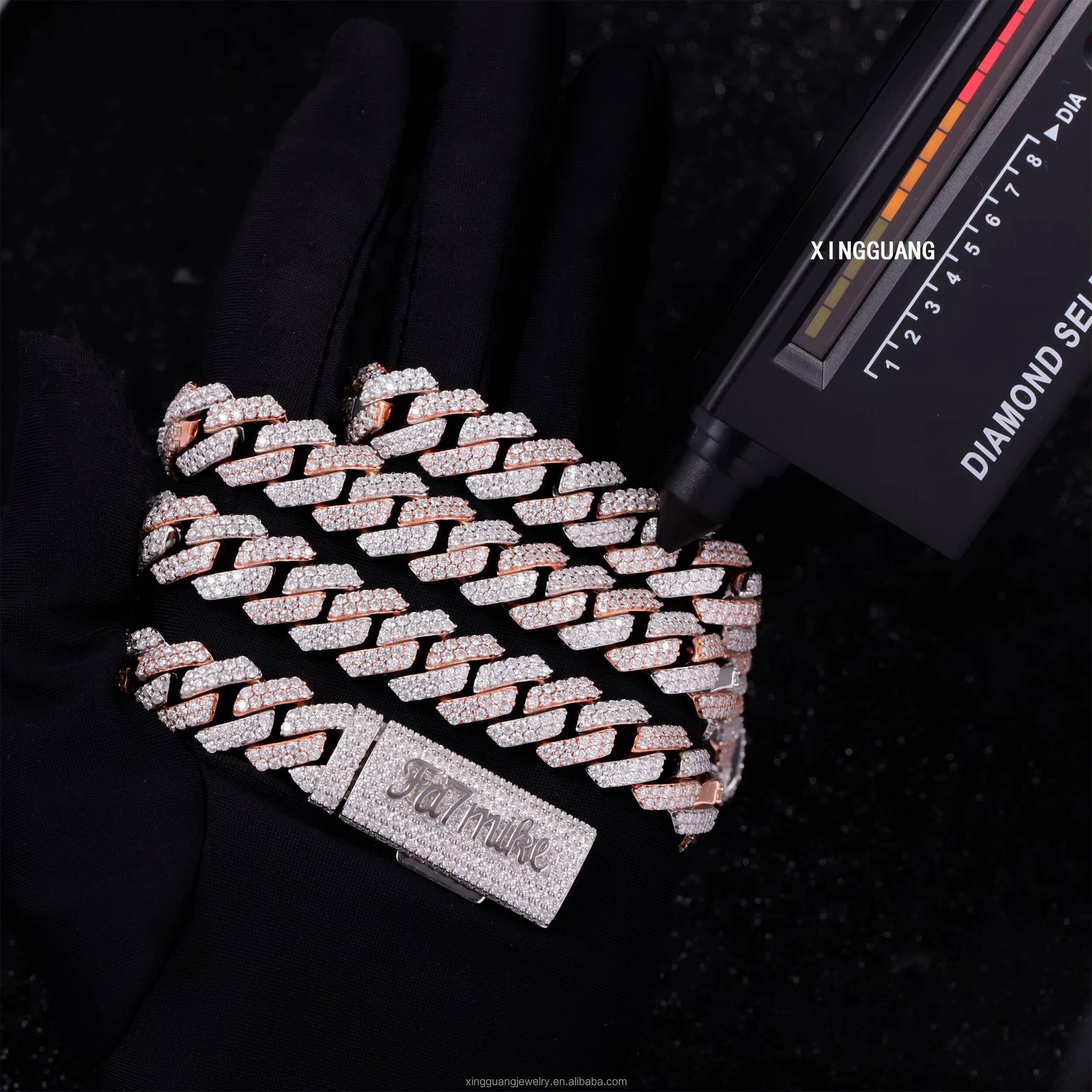 Two Tone Iced Out Moissanite Cuban Lidynamic Chain for Men 12mm Customized Trendized Trend Clasp 925 Sterling Silver Cuban Chain Hip Hop Necklace