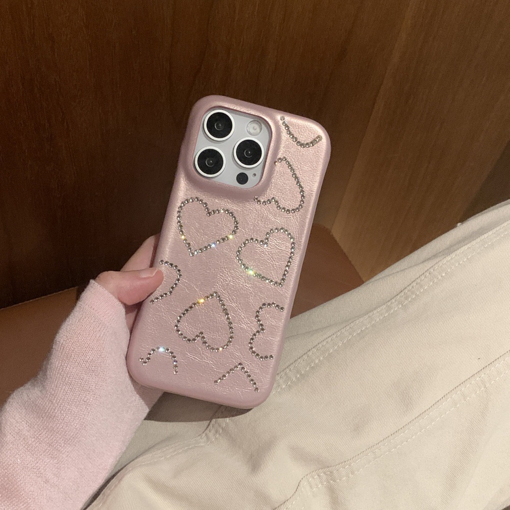 Ice Pink Heart Diamond iPhone Phone Case Compatible with iPhone 17/16 Pro Simple Solid Color 15/14P Protective Cover 13