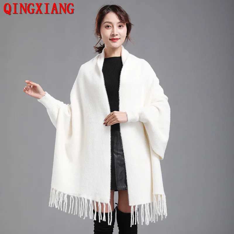 9 Colors Solid Faux Mink Cashmere Autumn Winter Warm Tassel Cape Women Thicken Poncho Loose Long Velvet Streetwear Shawl Coat J251118