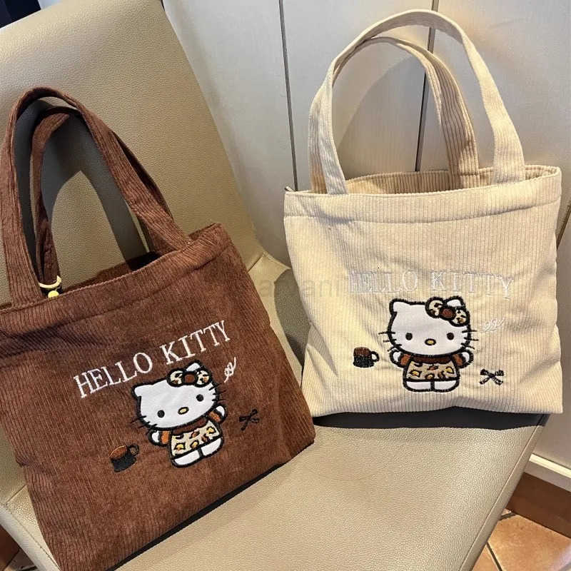 Sanrio Hello Kitty Embroidered Handbag Cute Large Capacity Corduroy Shoulder Bag Birthday Gift L251022