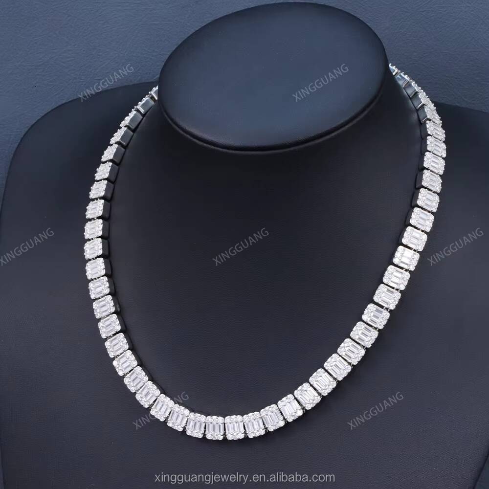 Luxury Baguette Diamond Necklace Iced Out VVS Moissanite Diamond 10mm Cuban Chain White Gold Plated Sterling Silver Men Jewelry