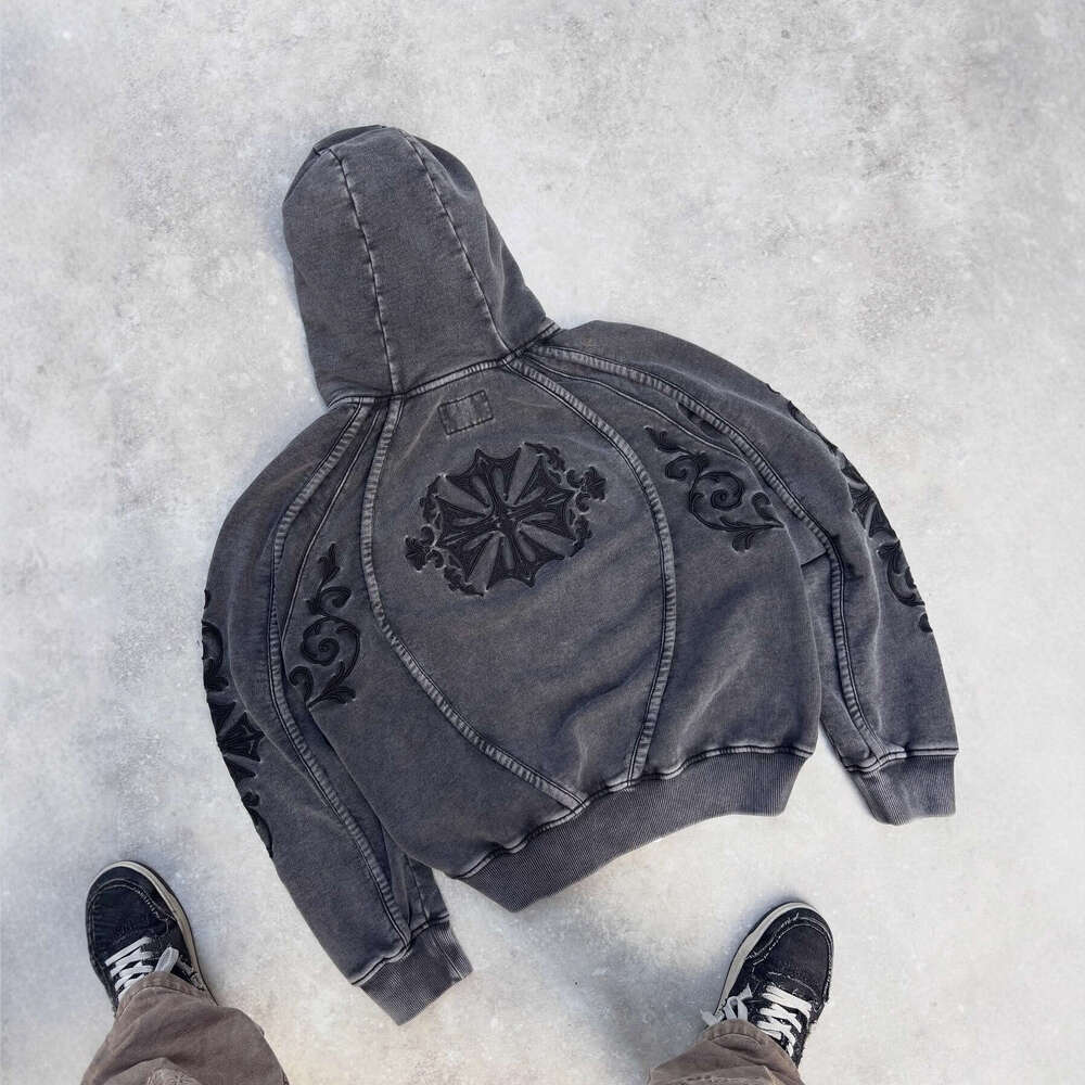 Trendy Brand Winter New Washed Vintage Personalized Embroidered for Men Street Gothic Style Double Hood Sweatshirt