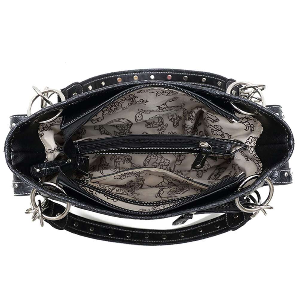 Punk Gothic Rock Metallic Day Of The Dead Floral Sugar Skull Faux Leather Purse Women Handbag Shoulder Bag Wallet Set