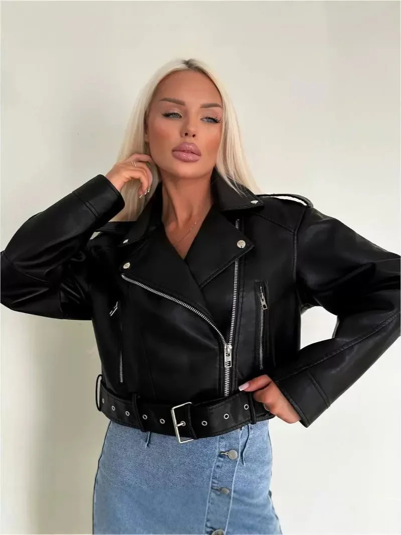 Women Oversized Vintage Loose Pu Faux Leather Short Jacket with Belt Streetwear Female Zipper Retro Moto Biker Coat Outwear 251020
