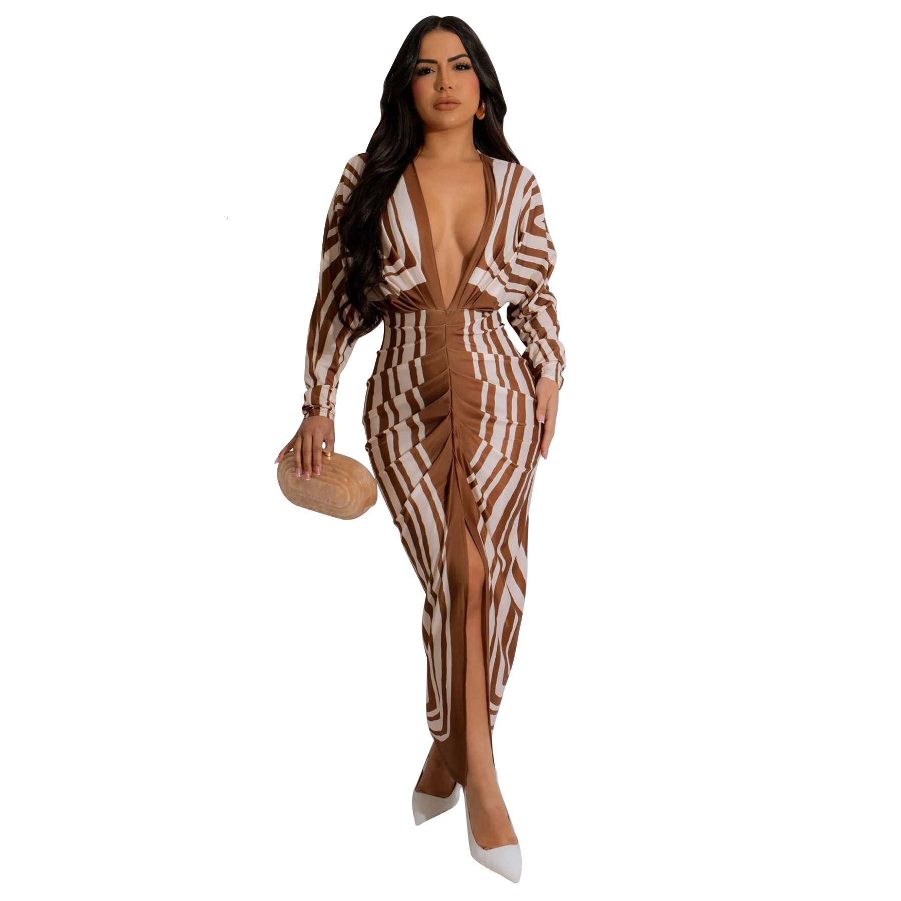 European and American fashion designer women's clothing hot selling sexy V-neck long sleeved split dress