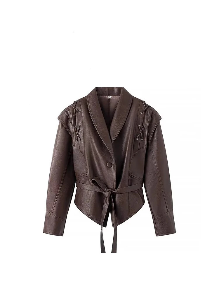 Mauroicardi Spring Autumn Short Retro Brown Pu Leather Jacket Women Sashes Lace Up y ner Emo Clothes European Fashion 251017
