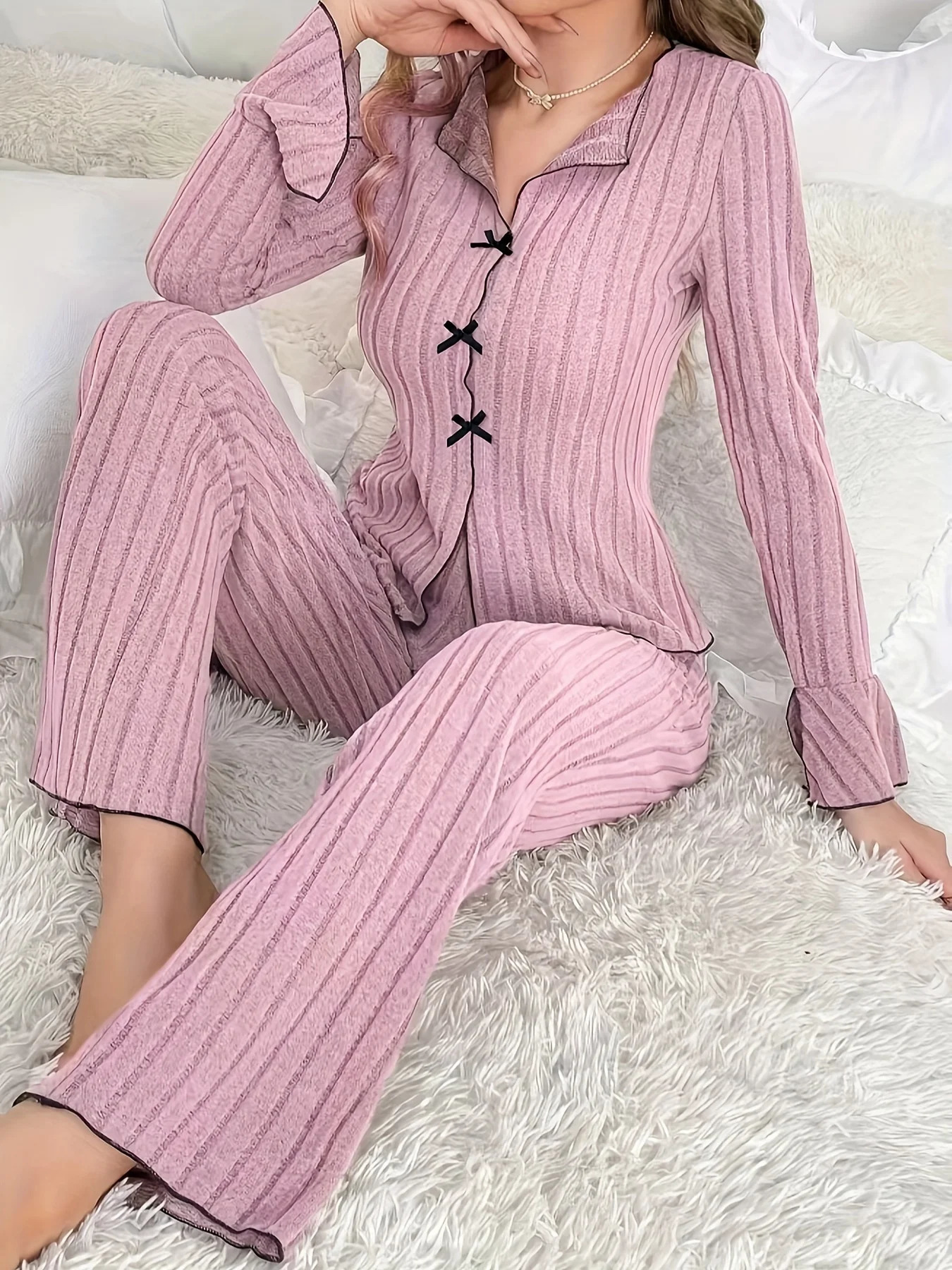 2Piece Womens Autumn and Winter Pure Color Elegant Bow Womens Simple LongSleeved Pants Pajama Set 251022