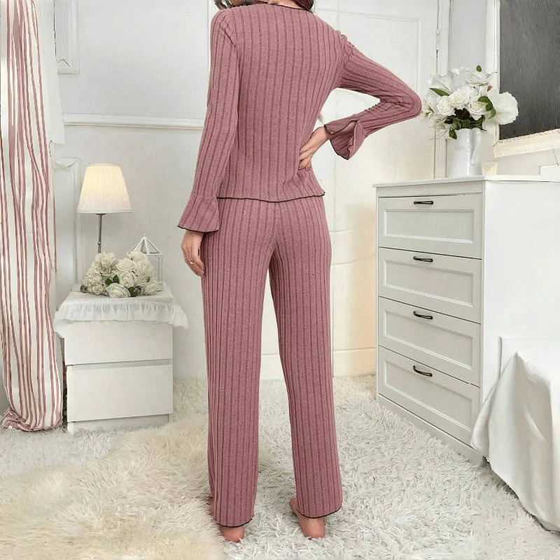 2025 Women Spring Casual Pajamas Set Comfortable Sleepwear Sexy Long Sleeve Lapel Solid Rib Homewear Female Loose Loungewear 251022