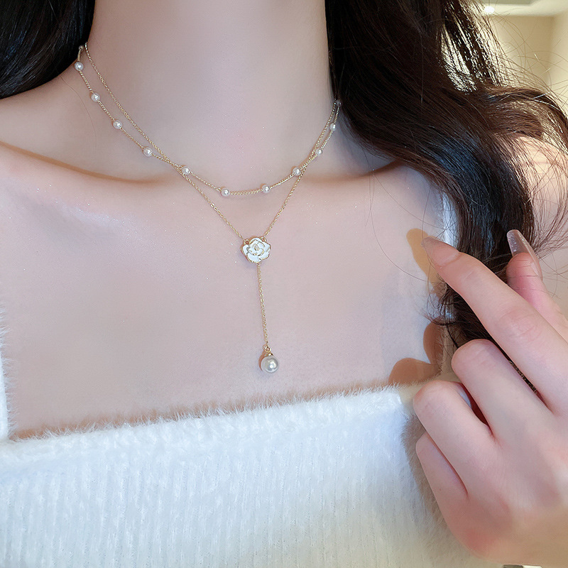 Sweet Temperament Camellia Necklace Simple Fresh Double Layer Clavicle Chain Light Choker New Style Jewelry for Women - view 6