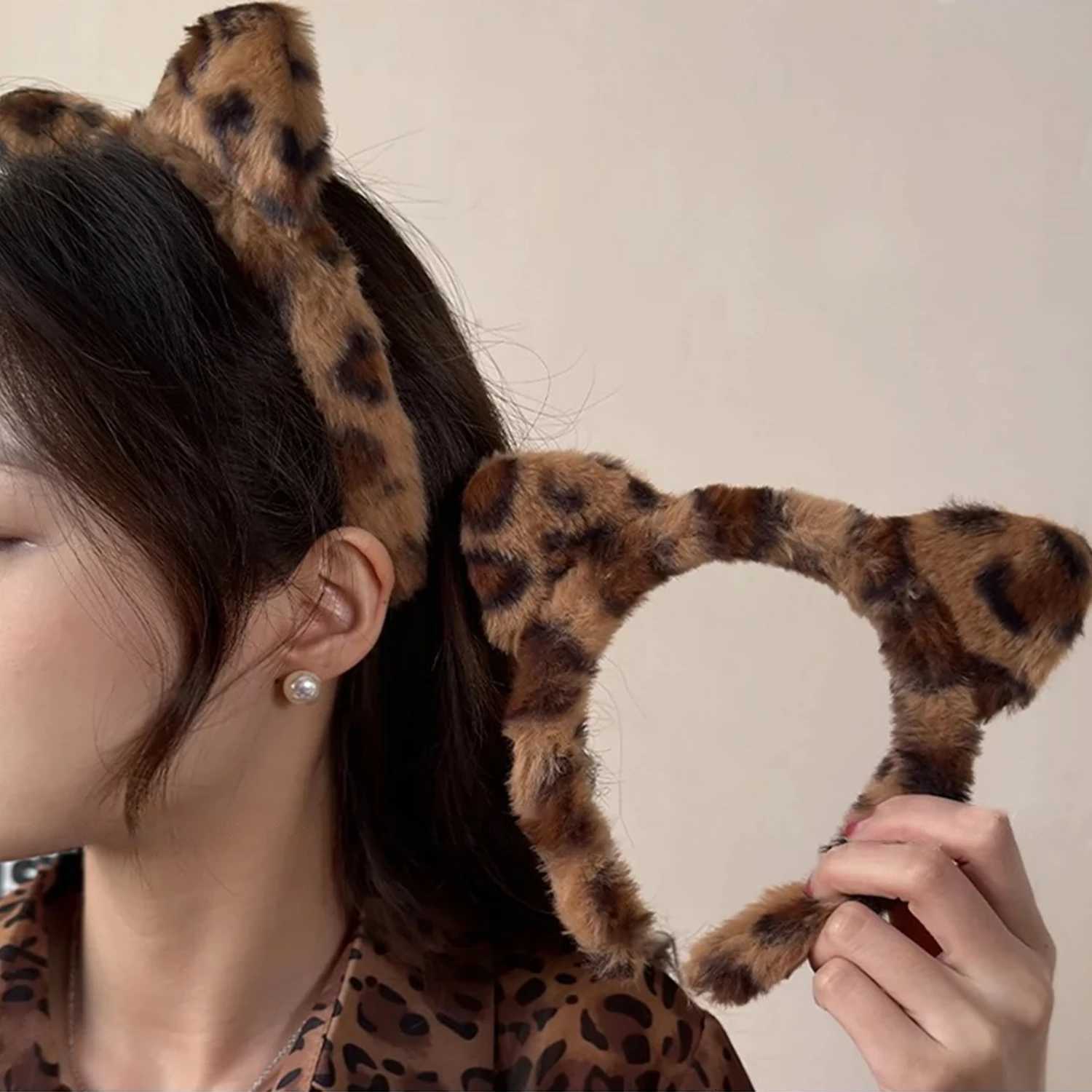 Plush Cat Ears Headband Vintage Leopard Print Hair Hoops Cute Festival Accessories Fashion By Clips Ribbon for Hair Hoop V251022