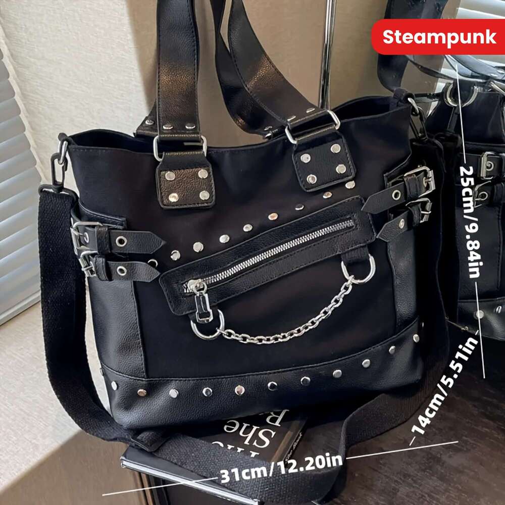 Punk Style Large-Capacity Handbag - Retro Solid Color With Rivet Embellishment, Adjustable Shoulder Strap, Nylon Material, Suitable Outdoor Daily Use,