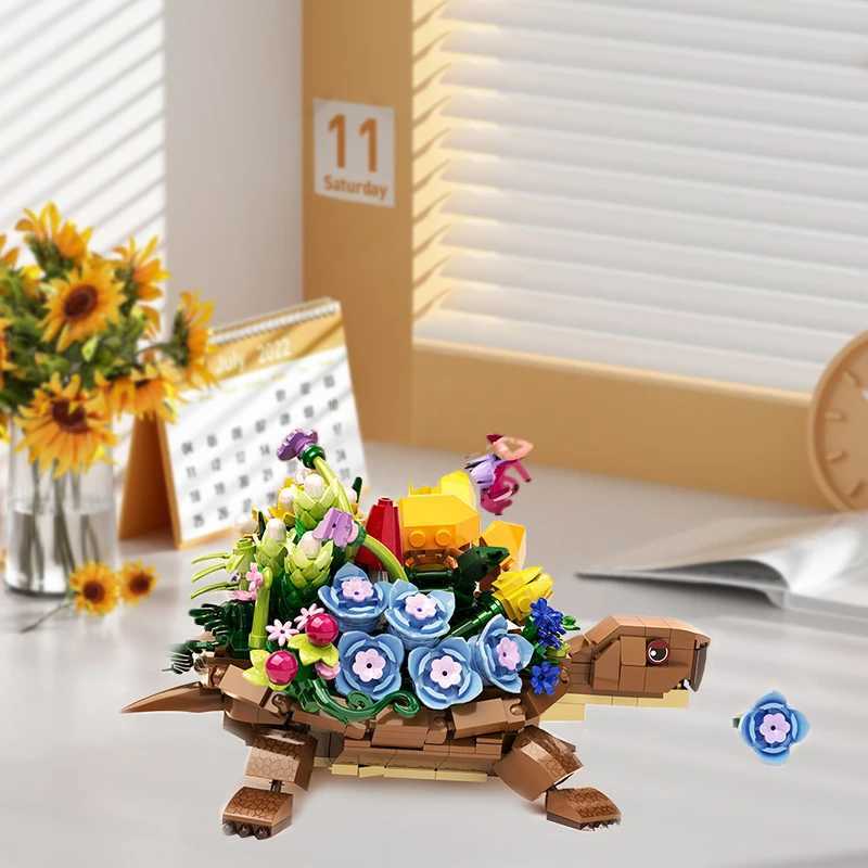 Creative Turtle Plantered Flowered Potsed Building Blocks Set Animal Flower Planter Desktop Decorat Brick Building Toy Kids 2025 J251022