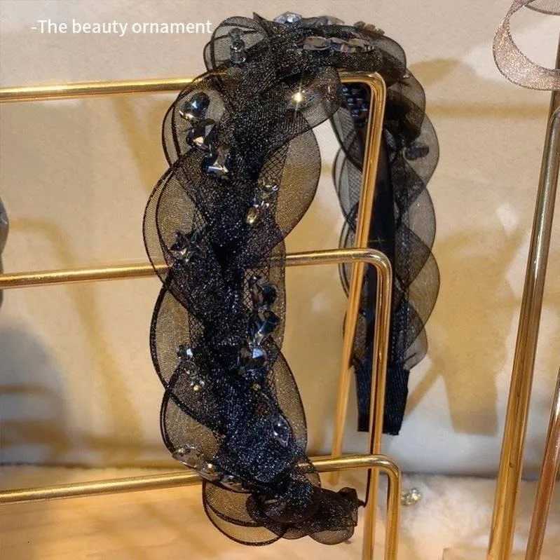 Advanced black gauze hair bands womens accessories for girls rhinestone fried dough twists headband with girl temperament clip V251022