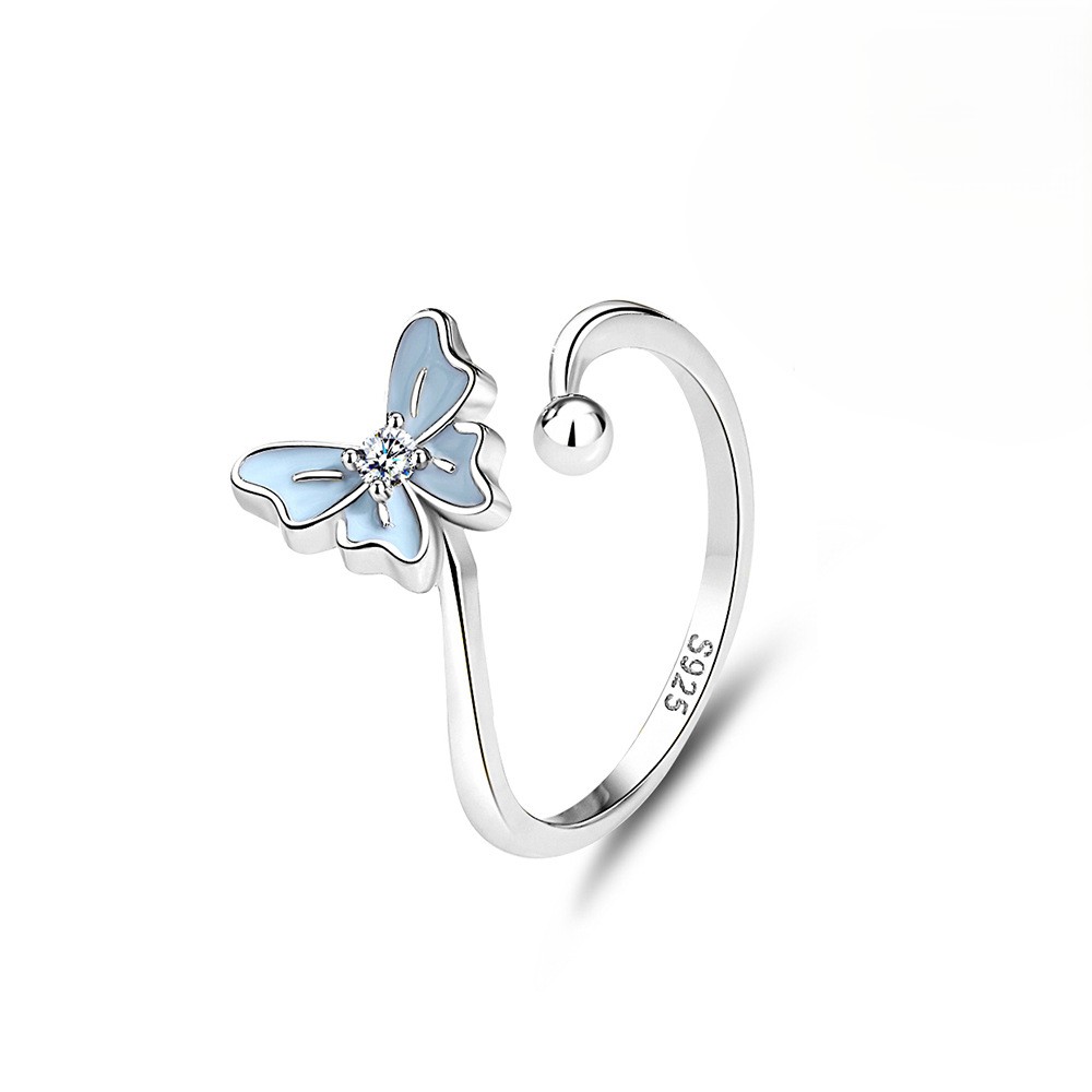 TaiYang NEW S925 Sterling Silver Enchanted Butterfly Ring, Ethereal Blue Fluorescent Floral Adjustable Open Band for Women