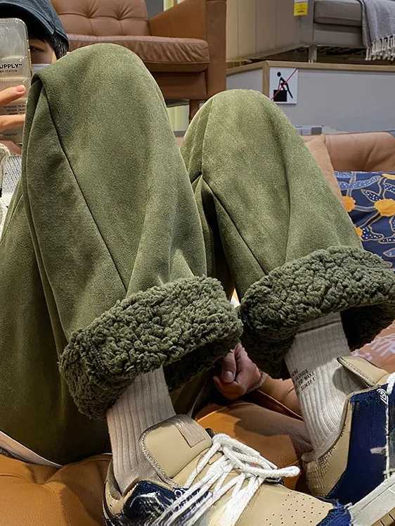 Womens Suede Thickened Straight Leg Pants Korean Style Wide Leg Autumn Winter New Student Fashion Casual TrousersT251022