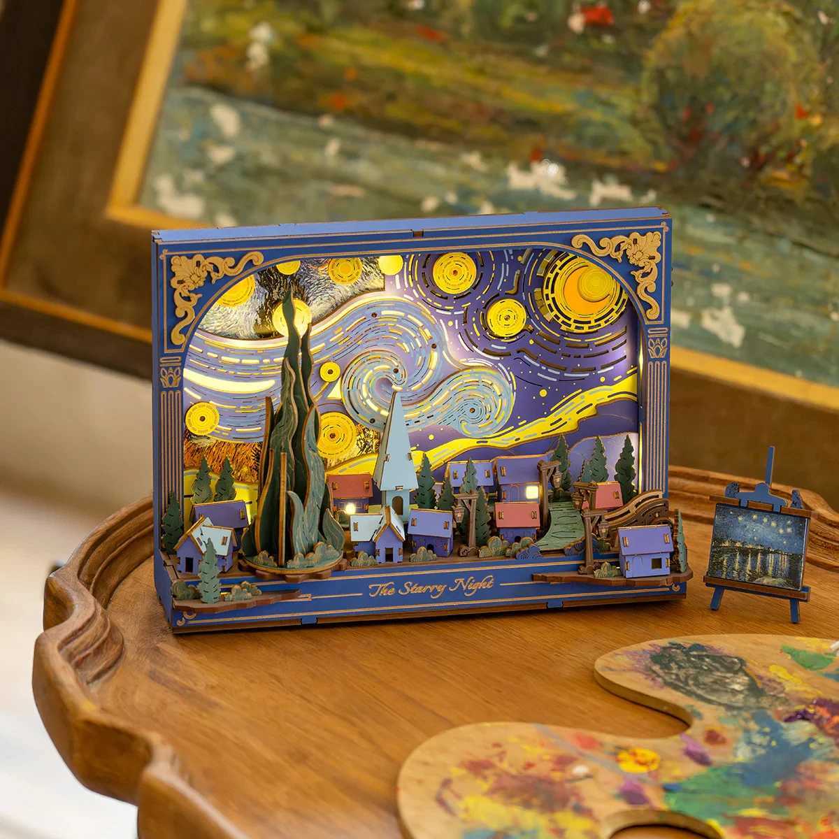 Robotime The Starry Night Wall Art Moving 3D Wooden Puzzle with LED Light Gears Interactive Desk Decor Unique DIY Gift for Adult J251022