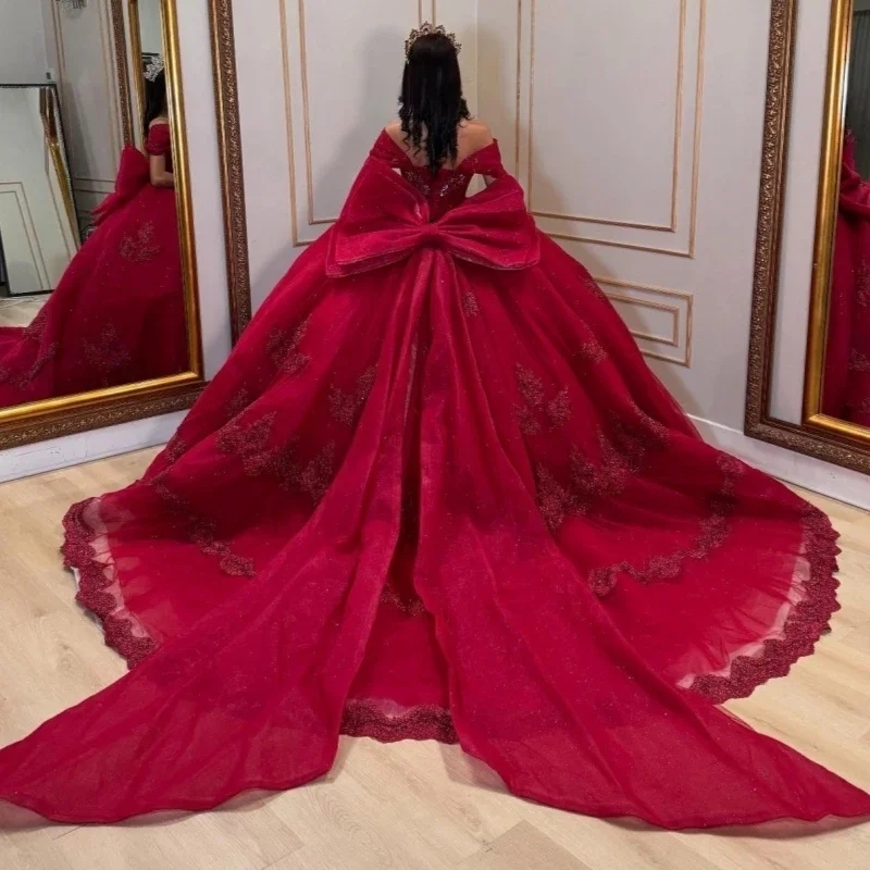Mexican Red Ball Gown Quinceanera Dresses For Sweet 16 Years Party Dress Applique Lace Beads With Big Bow Vestidos De 15 Anos