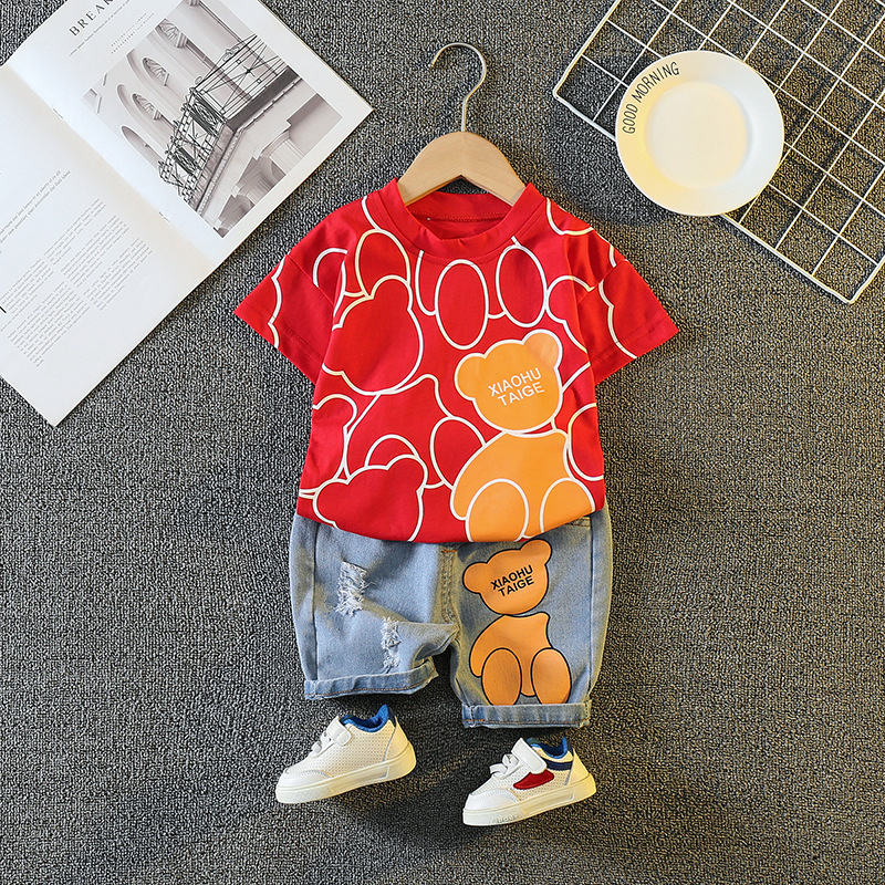 Free Shipping Designer Bear Print Baby Outfit - Class A Soft Cotton 2-Piece Set, Korean Loose Fit Clothes for Toddlers
