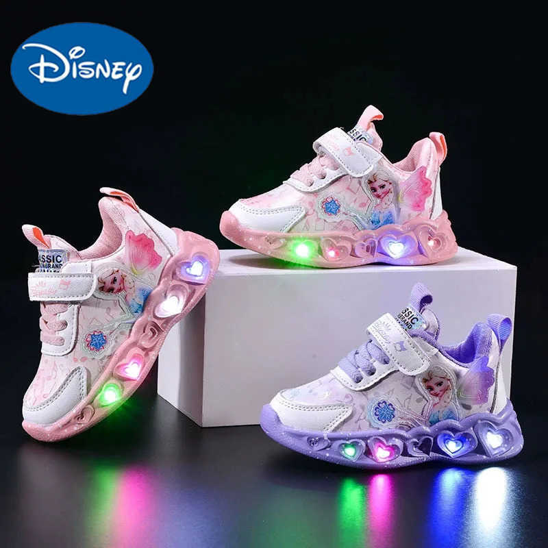 Disney 2025 Girls Lovely Cartoon Sneaker Children Fashion Lightweight Spring Mesh LED Luminous Sports Shoes Winter Warm Light UP Shoes H251022