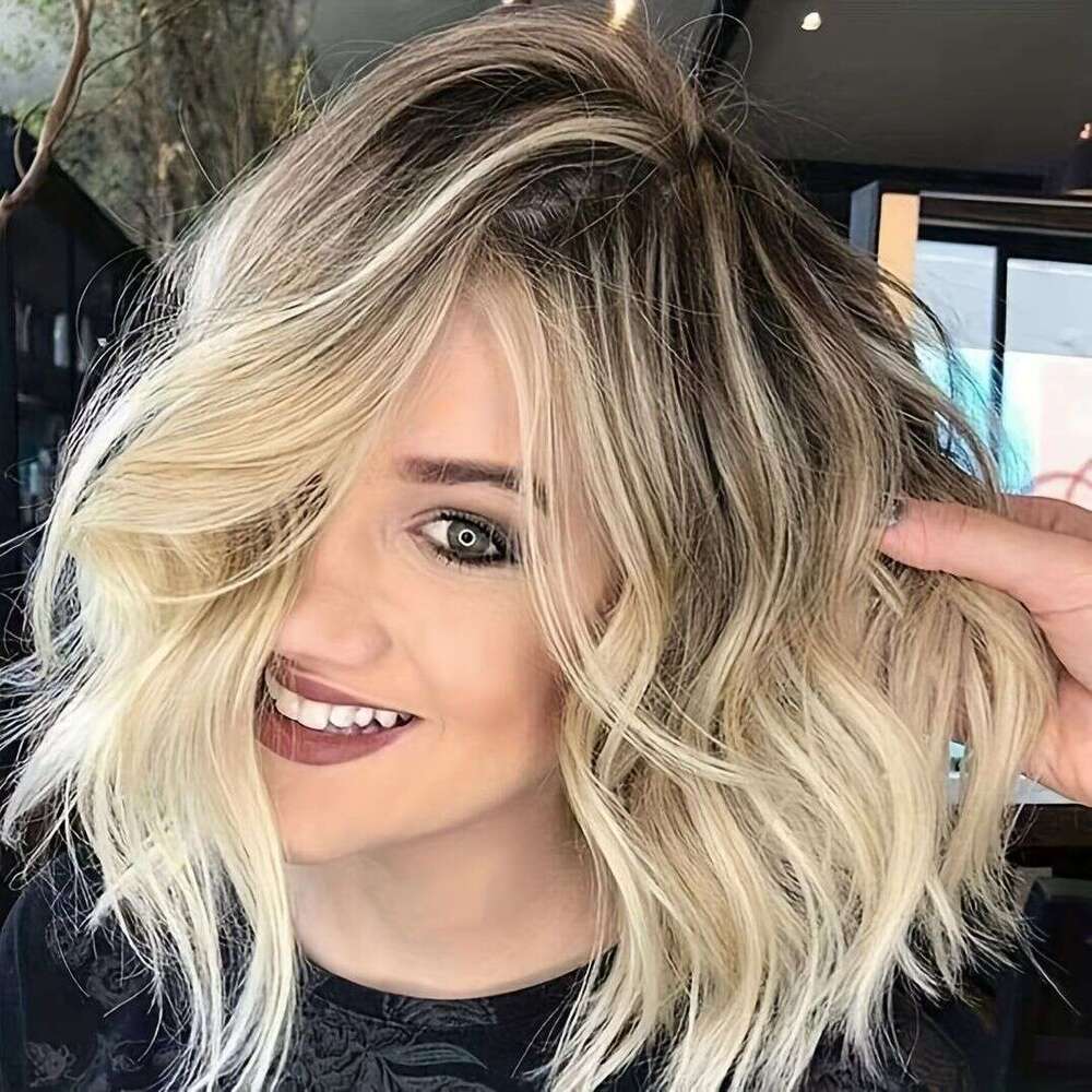 TEMU Xiyin Hot-Selling Women's Short Curly Hair Top Dyed Gradient Gold Wig Side Part Synthetic Hairpiece