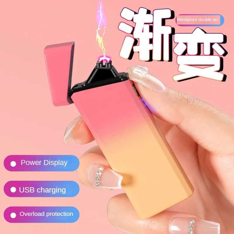 2023 Douyin Popular Portable Gradient Color USB Rechargeable Double Arc Lighter Cigarette Accessories Men and Women Gift Gadgets C251022