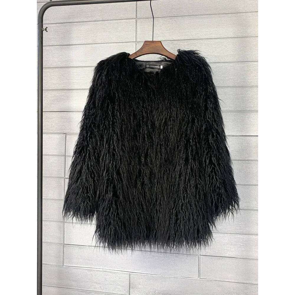 Solid color Wool Faux Women's Furry Pink/Purple Lamb Female Shaggy Sheepskin Coat Winter Artificial Fur Jacket