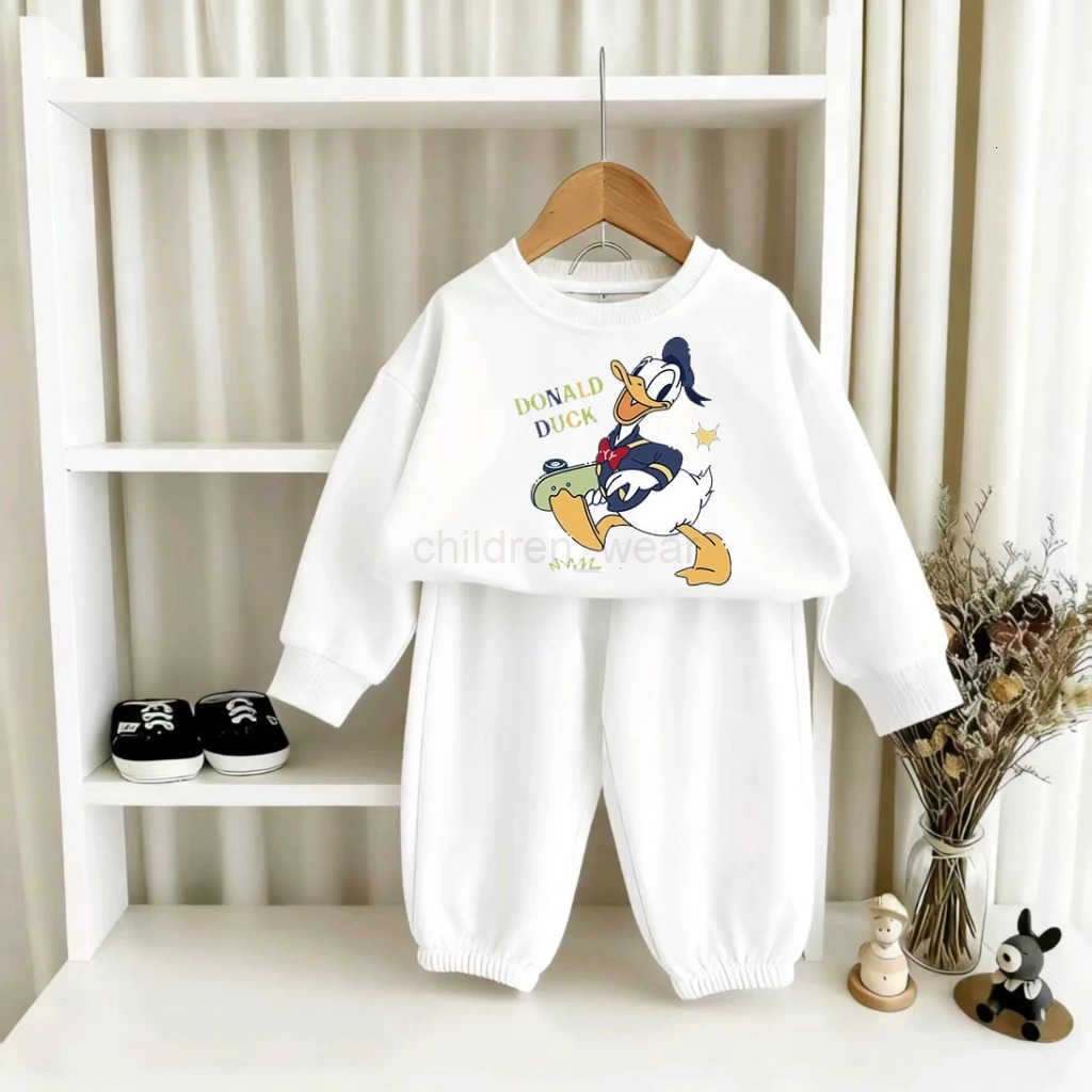Disney White Cartoon Character Baby Toddler Sweatshirt Set Minnie Donald Duck Daisy Prints Long Sleeve Top Pants Fashion Wear H251022
