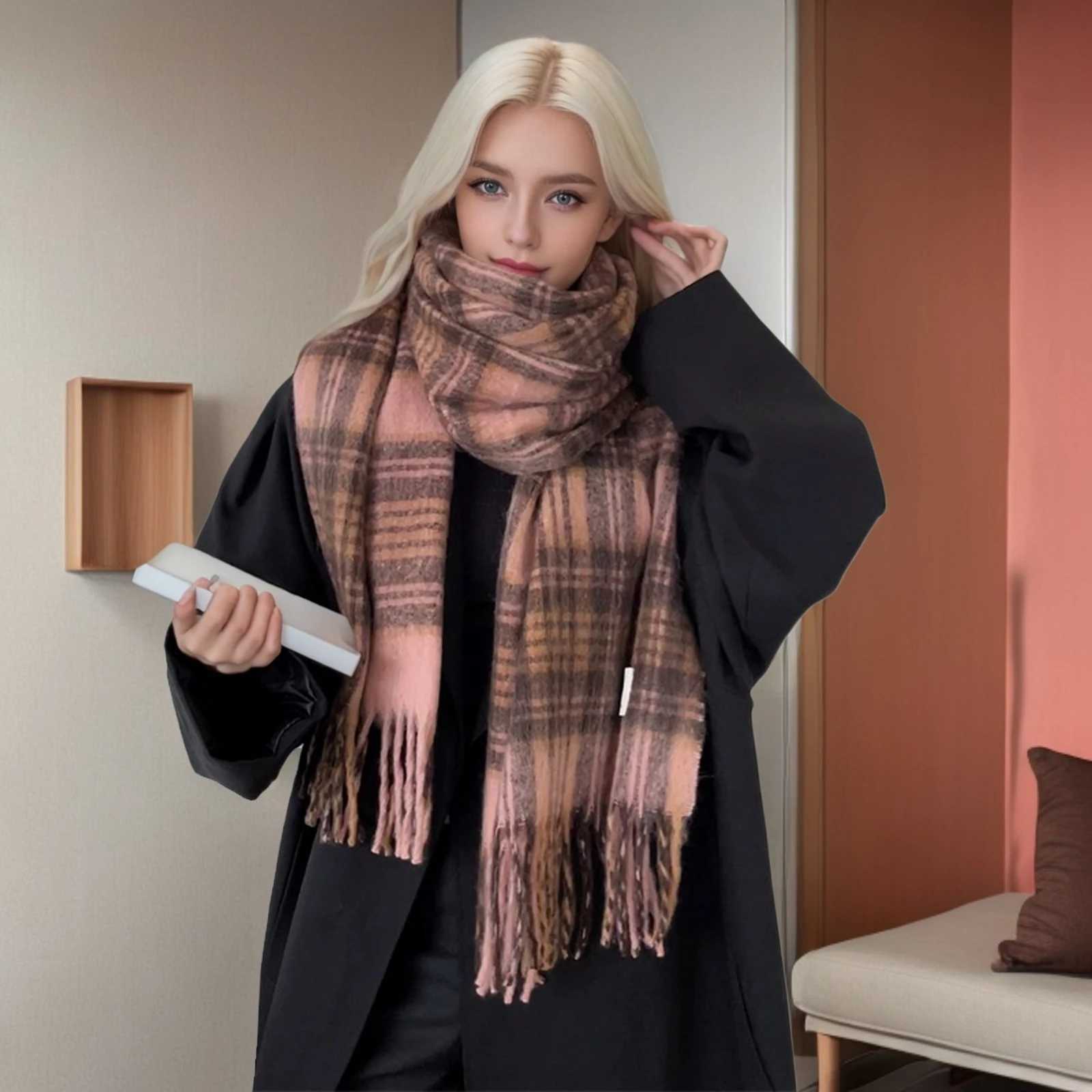 2025 Caramelized Plush Cozy Thermal Scarf Thick Vintage Classic Tartan Shawl Wrap for Autumn Winter 2025 Trends J251118
