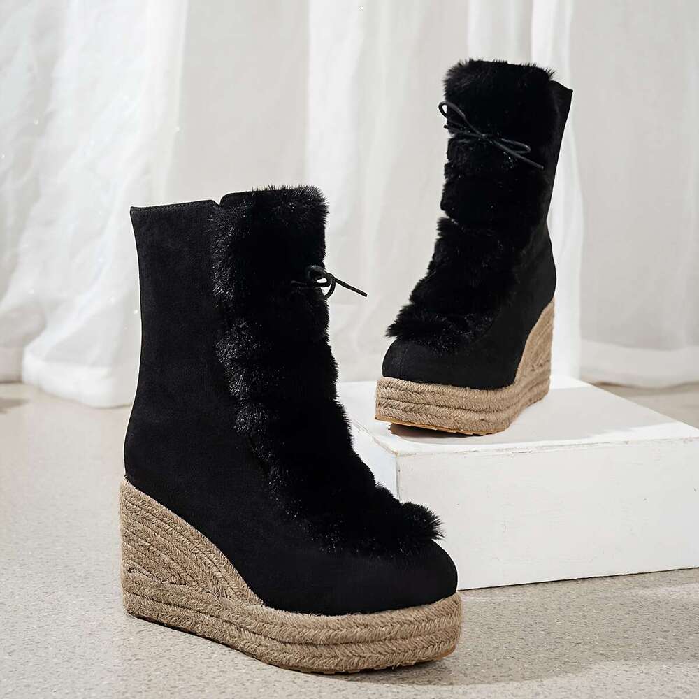 1Pr Women's Fashion Linen Wedge Platform Boots With Faux Fur Trim, Casual Solid Color Zip-Up Pointed Toe Ankle Booties For All Seasons, TPR Sole 