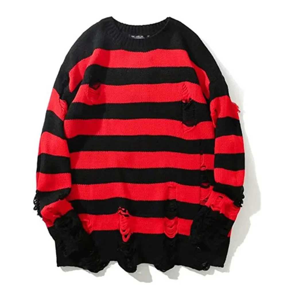 Autumn Winter Color Blocking Stripe Sweaters Destroyed Ripped Design Fashion Sweater Mens Pullover Knitwear Oversize StreetwearXJ251022