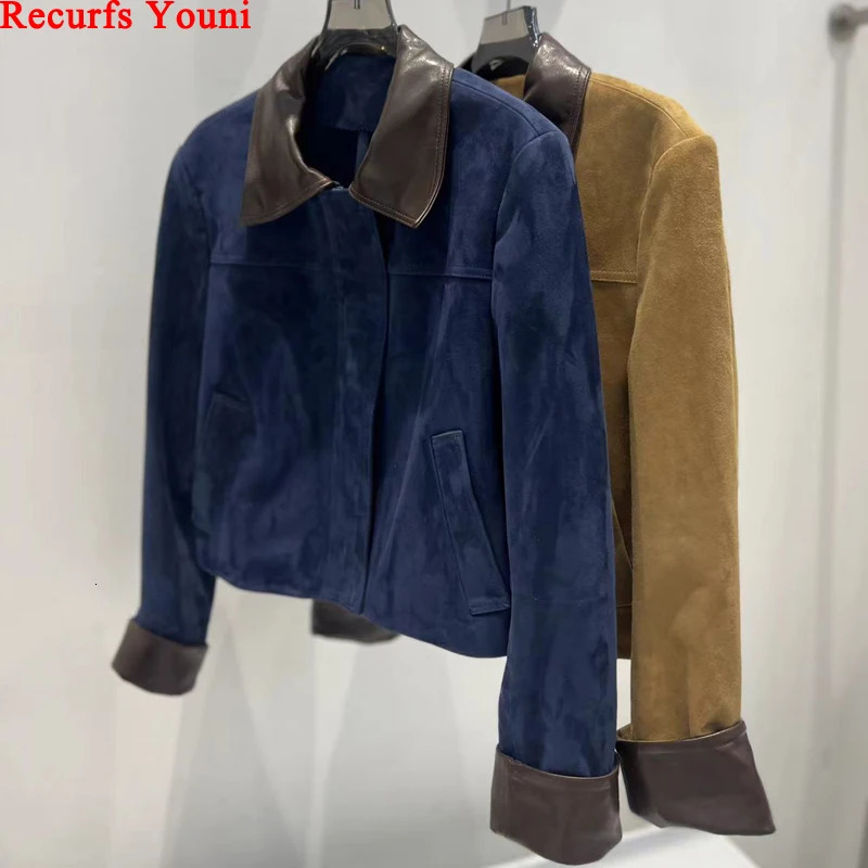 European Imported Suede Jacket Women Autumn Winter ed Contrasting Leather Coat Navy Blue Short Locomotive Casacos 251020