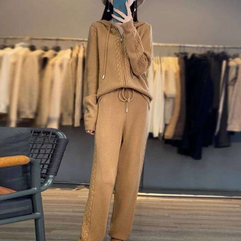 Women's Pure Cashmere Hooded Cardigan 2-Piece Set With Twisted Flower Design Loose Sweater And Wide-Leg Pants Wool Blend 251022