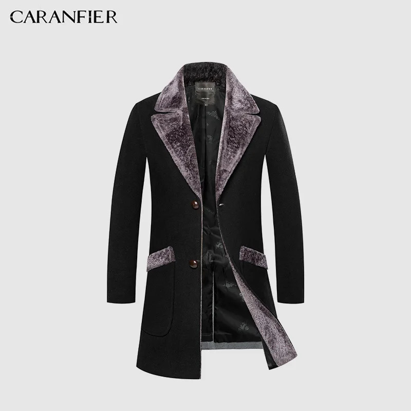 CARANFIER Arrival Winter Mens Long Woolen Coat Fur Collar Warm Wool Coats Male Solid Color Slim Casual Windbreaker Jacket 251017
