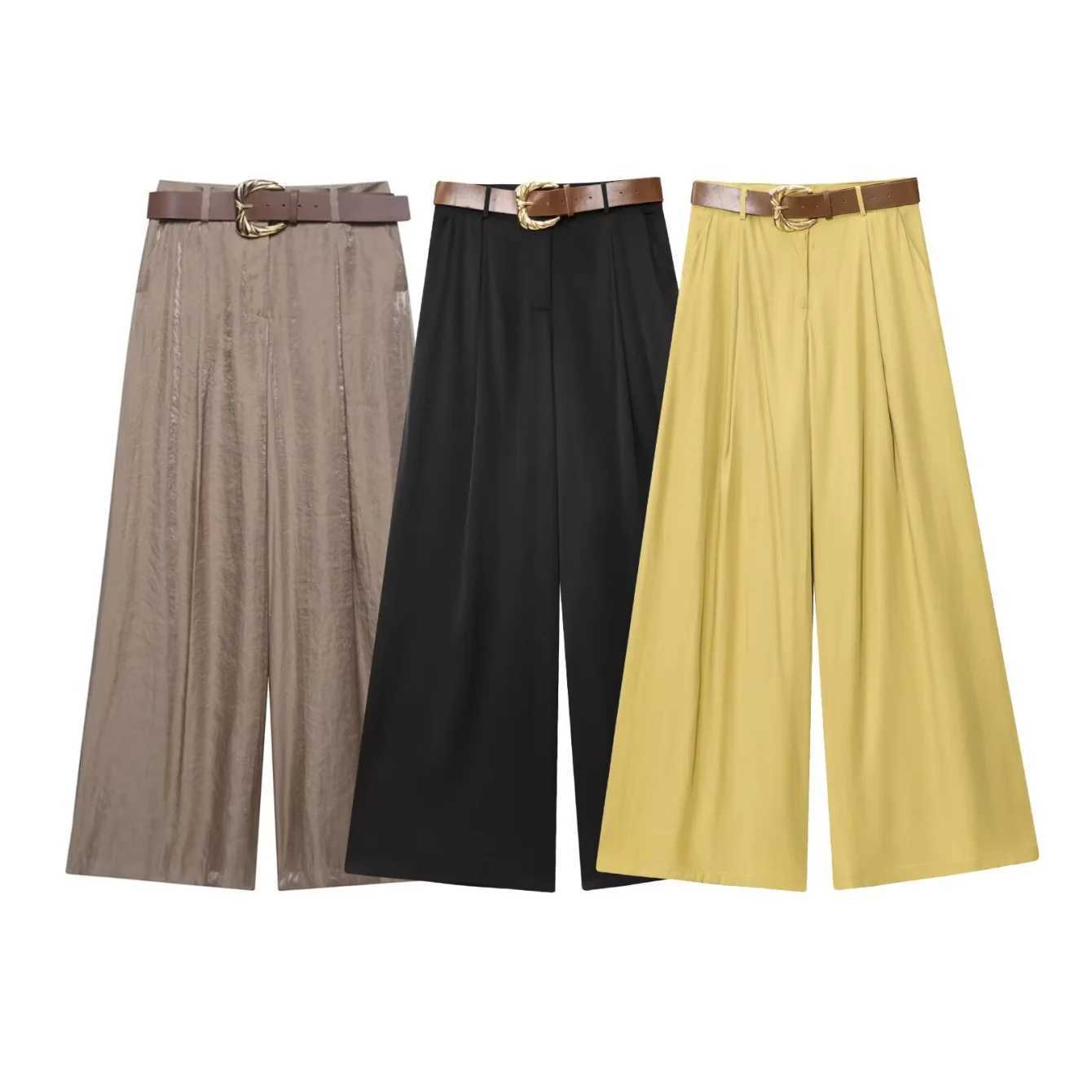 Womens Wide Leg Pants With Belt Solid High Waist Folded Pocket Decoration Spring Autumn Casual Long Trousers PantsT251022