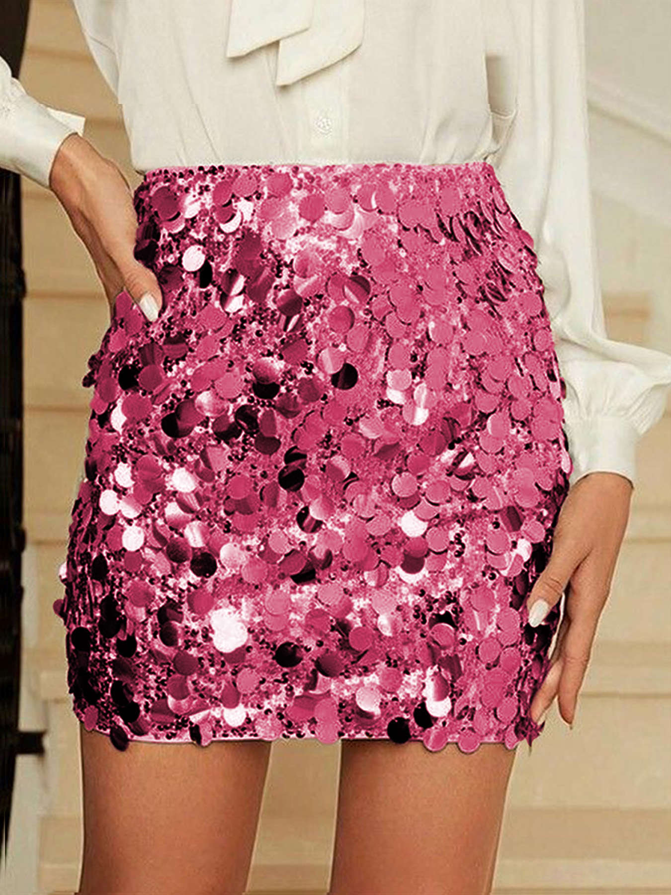 Women's Mememe Brand Sequined Mini Skirt, Fashion Versatile Party Glitter Skirt (S-XL, Coffee Gold/Rose Red/Blue)-D069