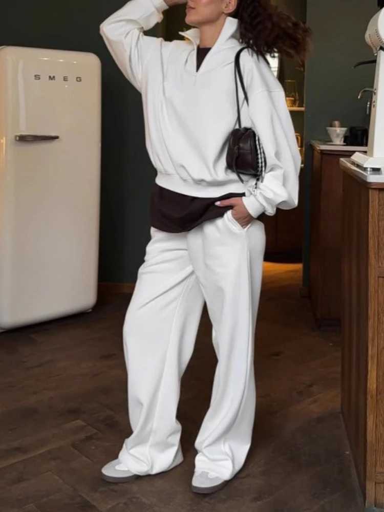 Oversize Pullover LaceUp Sweatpants TwoPiece Women Fashion HalfOpen Collar LongSleeved Sweater Trousers Casual Pant SuitT251022