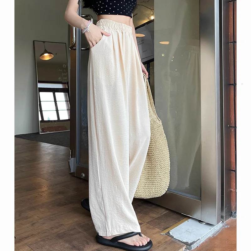 Summer Women Sweet Colorful Ice Silk Pants Lady Baggy Versatile Elastic Straight Leg Trousers Female Wide Leg High Waisted Pants 251022