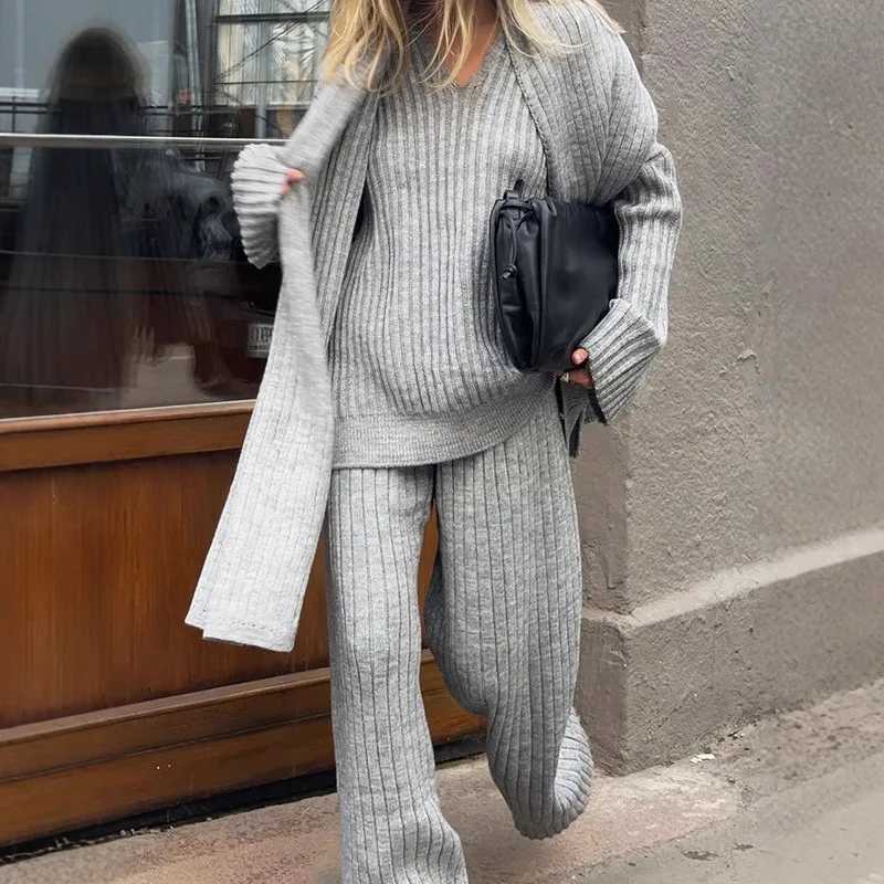 Women Tracksuit Knitted Sweaters Matching Sets Full Length Wide Leg Trousers V Neck Jumpers Three Pieces Scarf Casual SolidT251022