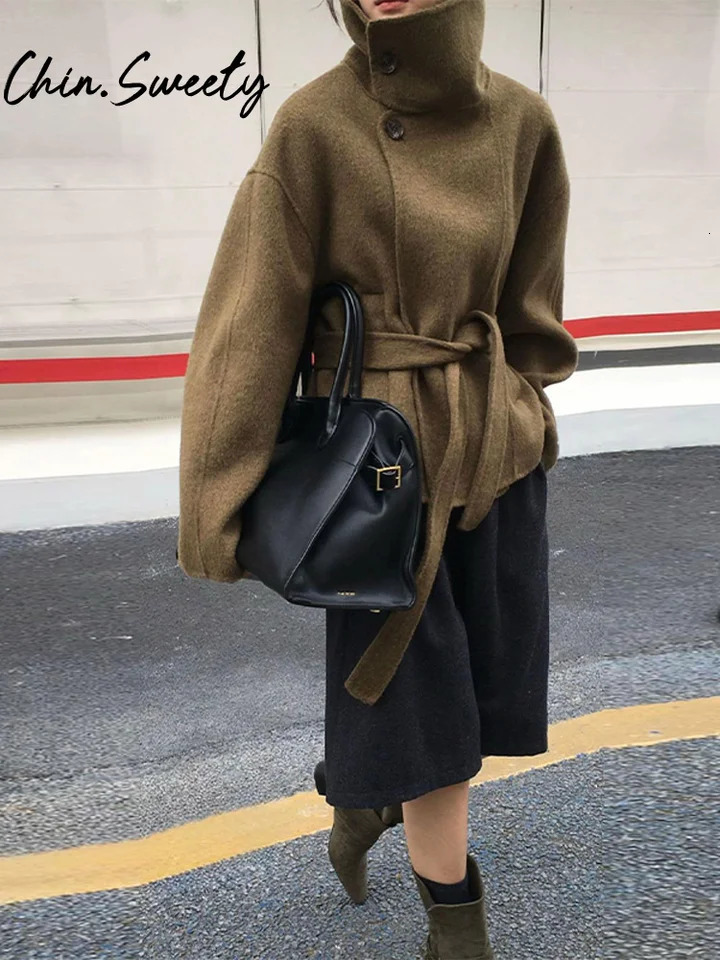 Urban Woolen Belt Women Coat Casual Long Sleeve Button Patchwork Female Jacket Autumn Winter Fashion Lady Streetwear 251021