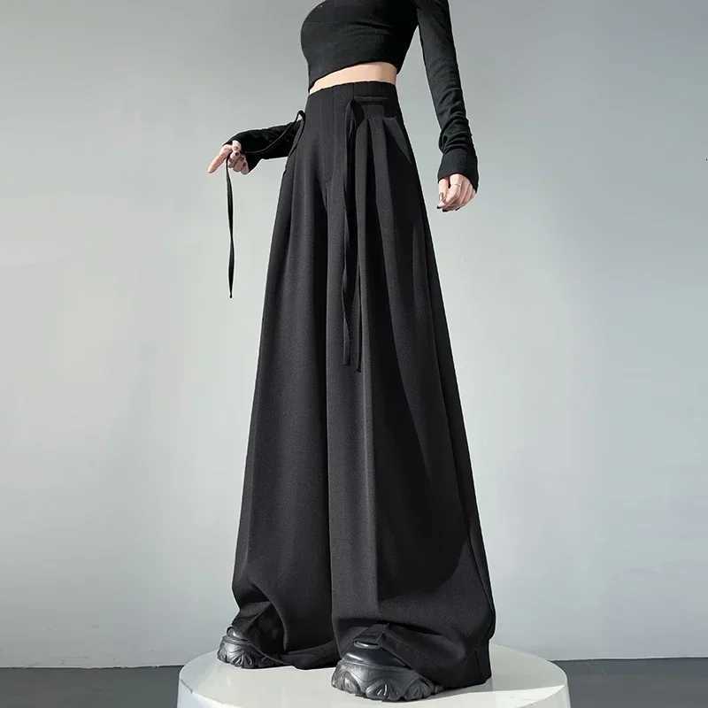 2025 New Spring Summer Laceup Loose Womens Wide Leg Full Length Pants High Waist Solid Female Elegant Straight Casual TrousersT251022