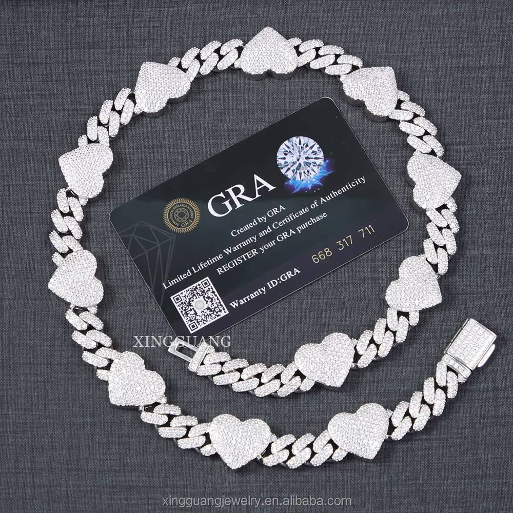 Yy Hot Sale Iced Out Heart Shape Design VVS Moissanite Cuban Lidynamic Chain Necklace 925 Silver Rapper Hip Hop Jewelry