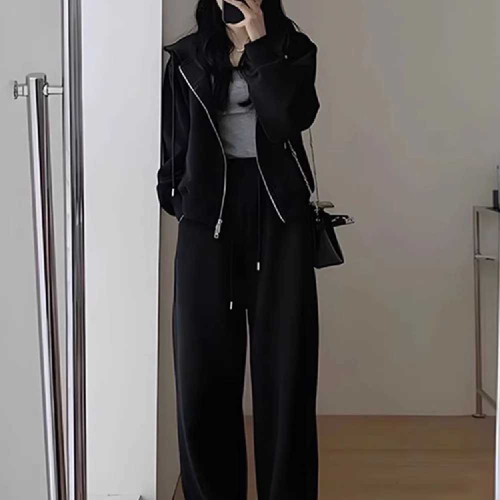 Cardigan Sweatshirt Matching Sets Zipper Hoodies Pant Sets Hooded Tracksuit Solid Drawstring Wide Leg Pants Pockets CasualT251022