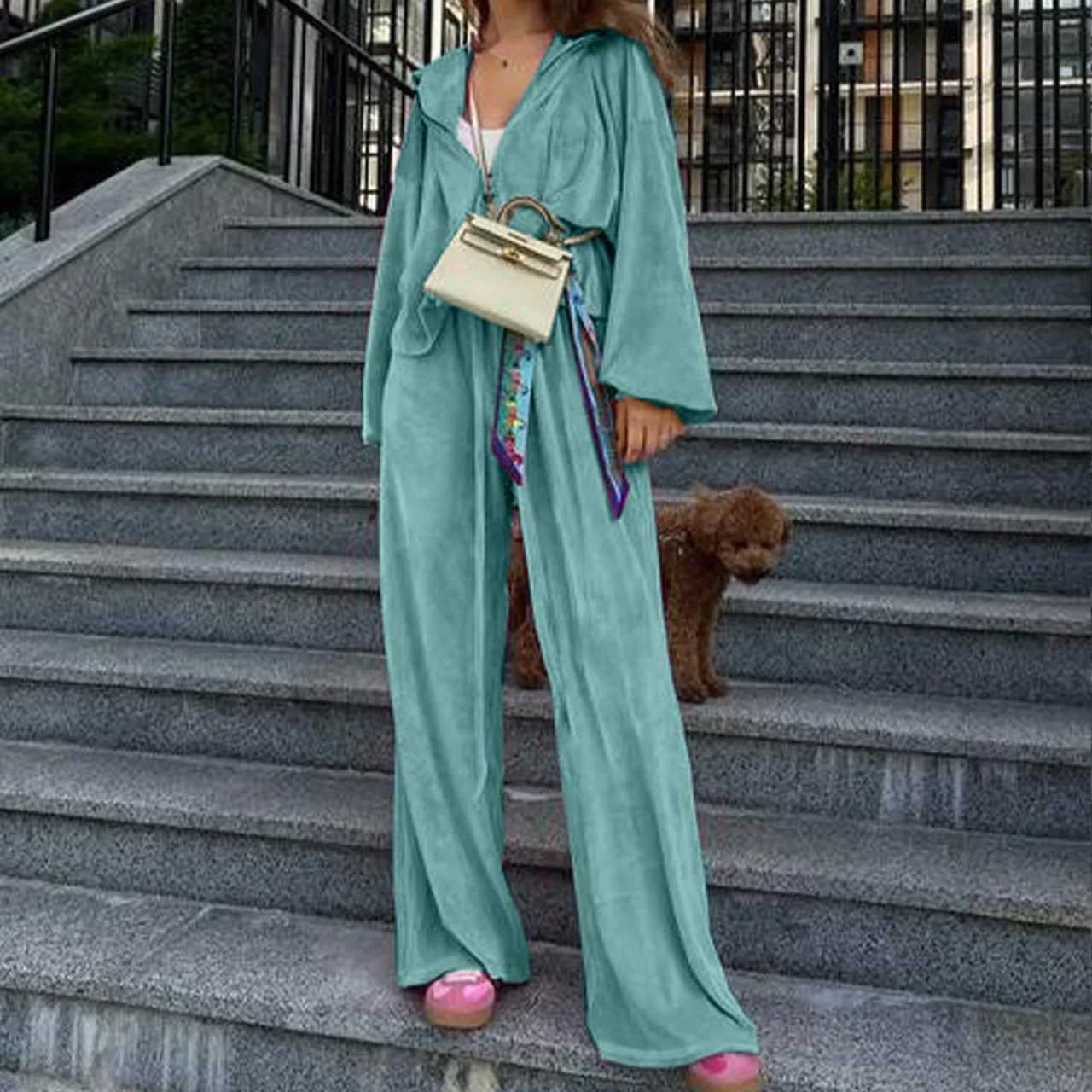 Women Autumn Hooded Coat Two Pieces Sets Solid Patchwork Wide Leg Pants Chic Outfit New Long Sleeve Casual Simple Ladies SuitsT251022